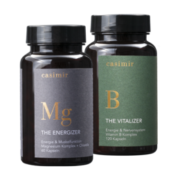 Anti-stress supplement set containing magnesium and B vitamins to support energy and vitality.