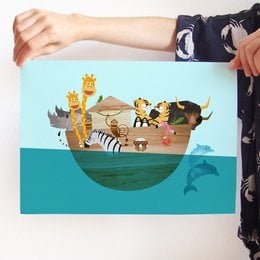 Colorful illustration of Noah's Ark with various animals on a blue background. Suitable for children's room decor.