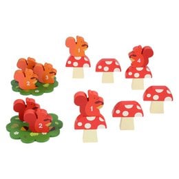 Colorful wooden mushroom and flower counting puzzle pieces, red and orange shapes, educational learning toy.