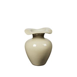 Beige ceramic vase, round bulbous shape, wide mouth opening, glossy finish, classic elegant design, set of two pieces.