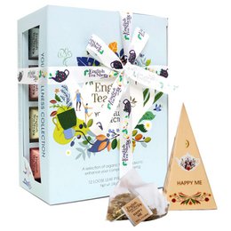 Organic tea gift set with 12 pyramid tea bags in a decorative box featuring floral and nature-inspired illustrations.