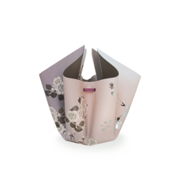 Elegant silver-colored vase with a floral design featuring pink tulips. The vase has a unique angular shape and appears to be made of a durable material.