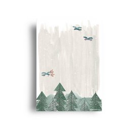 Postcard with a winter forest scene featuring pine trees and flying birds. The postcard is part of a 'Christmas' series titled 'into the woods'.
