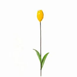 A tall, yellow tulip sculpture made of metal, suitable for garden decor.