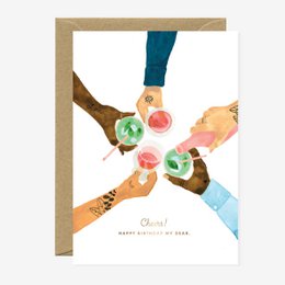 Colorful party cards with various drinks and glasses. Includes a variety of shapes, colors, and textures.