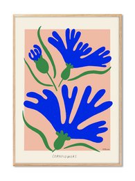 Vibrant blue floral poster with abstract hand-like shapes in a minimalist style.