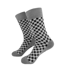 Stylish gray and black checkered socks. Made of soft, breathable material. Suitable for casual or formal wear.