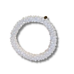  White beaded bracelet with round translucent crystal beads, elastic stretch design, minimalist jewelry accessory.