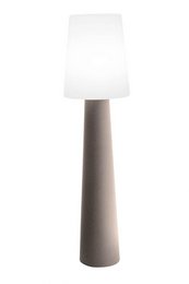 Tall, cylindrical floor lamp with a white shade and a taupe base. Available in multiple color variants including LED and solar-powered options.