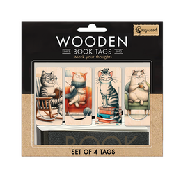 Set of 4 wooden book tags featuring colorful illustrations of happy kittens. Ideal for marking pages in books, journals, or planners.