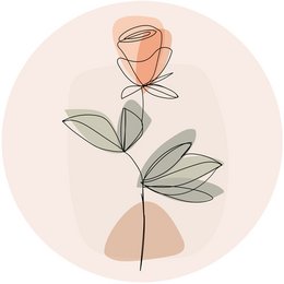 A stylized rose wall decor in various sizes, ranging from 20cm to 100cm in diameter. The rose is depicted in a minimalist, abstract style with a warm, peach-colored flower and green leaves.