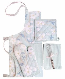 Printed Apron Set – Kitchen Linen Collection – 100% Cotton – 4-Piece Teal Blossom