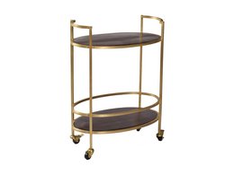 Oval-shaped wine trolley with two shelves made of dark wood and a metal frame in a gold finish. Suitable for storing and transporting wine bottles.