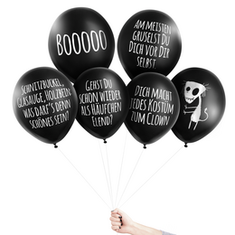 Black balloons with spooky text and designs, including "BOOOOO" and "Geist du schon wieder als Haufen lend?". These anti-party balloons are perfect for a Halloween or haunted house theme.