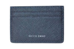 Navy blue saffiano leather card holder with Nicco Zano branding.