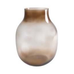  Amber-colored glass vase with a rounded, bulbous shape and a wide opening. Measures approximately 26 cm in height and 17 cm in diameter.