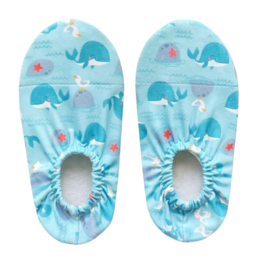  Light blue water shoes with whale and starfish pattern, kids beach slippers, colorful ocean design.
