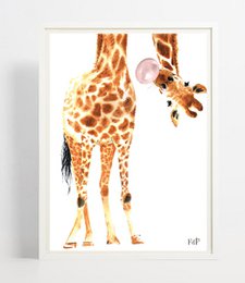 Vibrant giraffe wall art in a bubblegum pink color, available in 30x40 and 60x80 sizes. Features a detailed, lifelike giraffe with a playful expression.