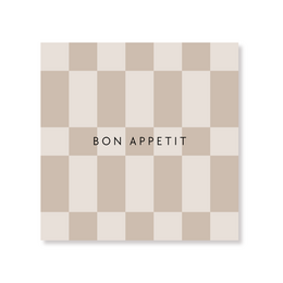  Beige checkered pattern napkins with "Bon Appetit" text, 3-ply paper, square shape, neutral colors.