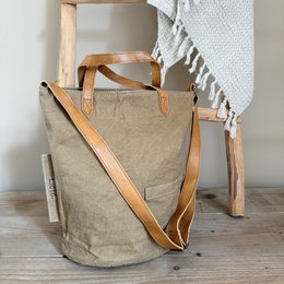 Vintage-inspired beige canvas shoulder bag with leather handles and a simple, minimalist design.