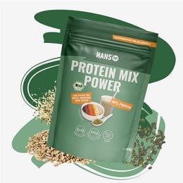 Protein mix powder in a green resealable bag. Contains a blend of protein-rich ingredients like grains and seeds. Suitable for a healthy, high-protein diet.