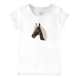  White children's t-shirt with horse graphic print, short sleeves, brown and pink horse designs