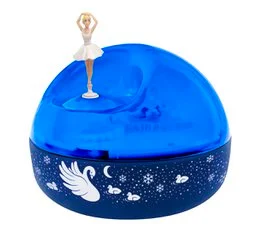 A blue night light projector with a ballerina figure on top, displaying a starry night sky and northern lights projection.