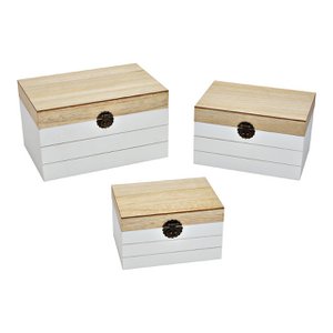 Opbergdozen set van 3, gemaakt van hout beige, wit (B/H/D) 30x20x17cm, 25x18x15cm, 20x15x12cm