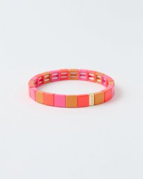  Colorful beaded bracelet with pink, orange, and yellow square beads in vibrant flare design.