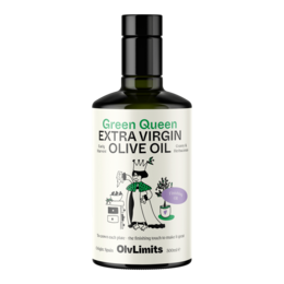  Extra virgin olive oil in a green glass bottle with a label that says "Green Queen". The bottle is held in hands against a background of purple leaves or plants.