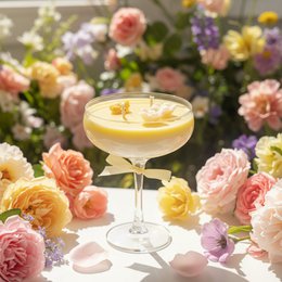  "Cream-colored round tall candle with yellow flower design, floral scent, elegant party decoration"