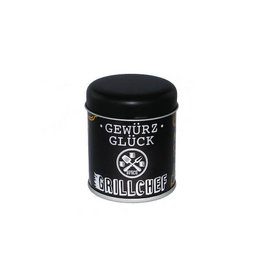 Grill seasoning blend in a black tin with the text "Gewürz Glück" (Spice Luck) on the label.