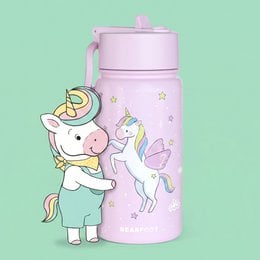 A stainless steel children's drinking bottle with a unicorn design in purple. The bottle features a unicorn illustration along with stars and other whimsical elements, making it suitable for kids.