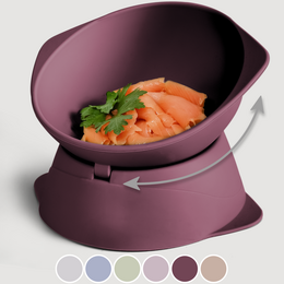  Elevated silicone cat bowl with adjustable tilt, available in taupe, ruby, sky blue, sage green, rose, and stone grey colors. Designed for easy food and water presentation for cats.