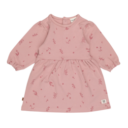  A pink baby dress with a floral print pattern and puff sleeves. The dress has a loose, flowing silhouette and is suitable for casual wear.