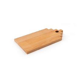 Rectangular wooden cutting board with a decorative top edge, suitable for serving or food preparation.