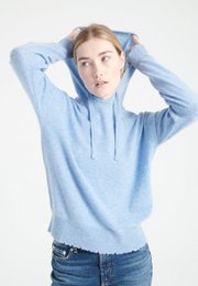  A light blue cashmere hoodie with a drawstring hood and ribbed cuffs and hem.