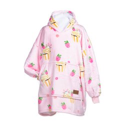 A cozy, soft, and stylish pink hoodie blanket with a cupcake print design, perfect for snuggling up on the couch or as a throw blanket. The blanket is made of a plush, warm material and features a hood for added comfort.