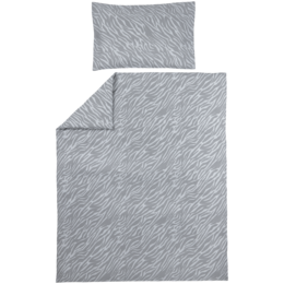 Grey and white striped duvet cover set for a baby, available in single pack sizes of 100x135cm and 120x150cm.