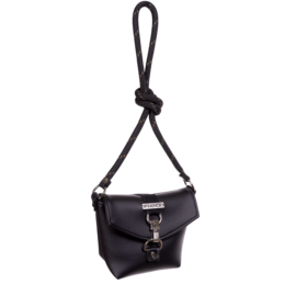 A small black shoulder bag with a knotted strap, featuring a flap closure and a metal hardware detail.