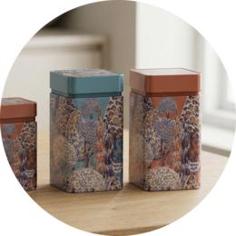 Decorative metal storage boxes with mandala pattern, available in two sizes, suitable for storing small items.