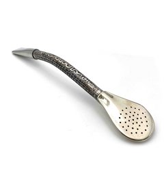 Engraved and drawn alpaca mate bombilla with intricate patterns and perforated design for infusing tea.