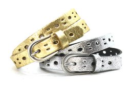  Children's fashion belt with metallic perforated design, available in gold, silver, metallic mint, metallic blue, and metallic pink colors, and sizes 55, 65, and 75.