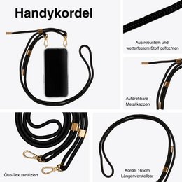 Black mobile phone chain cord with gold or silver accents, made of durable materials for smartphone cases.