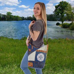 Sunsa Damen Nachhaltige Umhängetasche. Schultertasche aus recycelte Jeans & Canvas ( Segeltuch). Handtasche Vintage retro Stil. Crossbody Tasche für Frauen mit Mandala Aufdruck