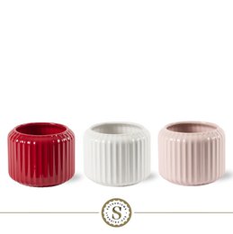  A set of three small, round ceramic planters in red, white, and pink colors. The planters have a ribbed, textured design and are suitable for growing small flowering plants or succulents.