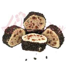  A stack of Turkish Delight Sarma Instant Oreo gummies, each with a creamy white center surrounded by a dark chocolate coating.