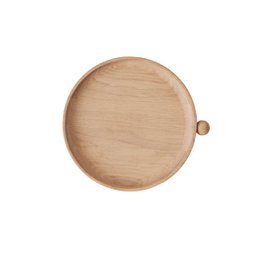  Circular wooden tray with a natural wood finish. Suitable for decorative or serving purposes.