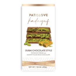 Pistachio and kadayif filled milk chocolate bar with a Dubai chocolate style. The chocolate bar features a layered design with a green filling and a milk chocolate exterior.