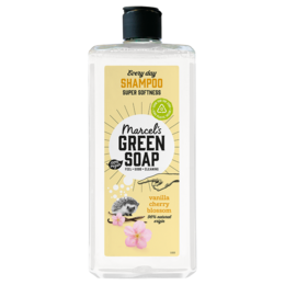 A 300ML bottle of Marcel's Green Soap Every Day Shampoo in Vanilla & Cherry Blossom scent. The shampoo is made with natural ingredients and is suitable for everyday use.